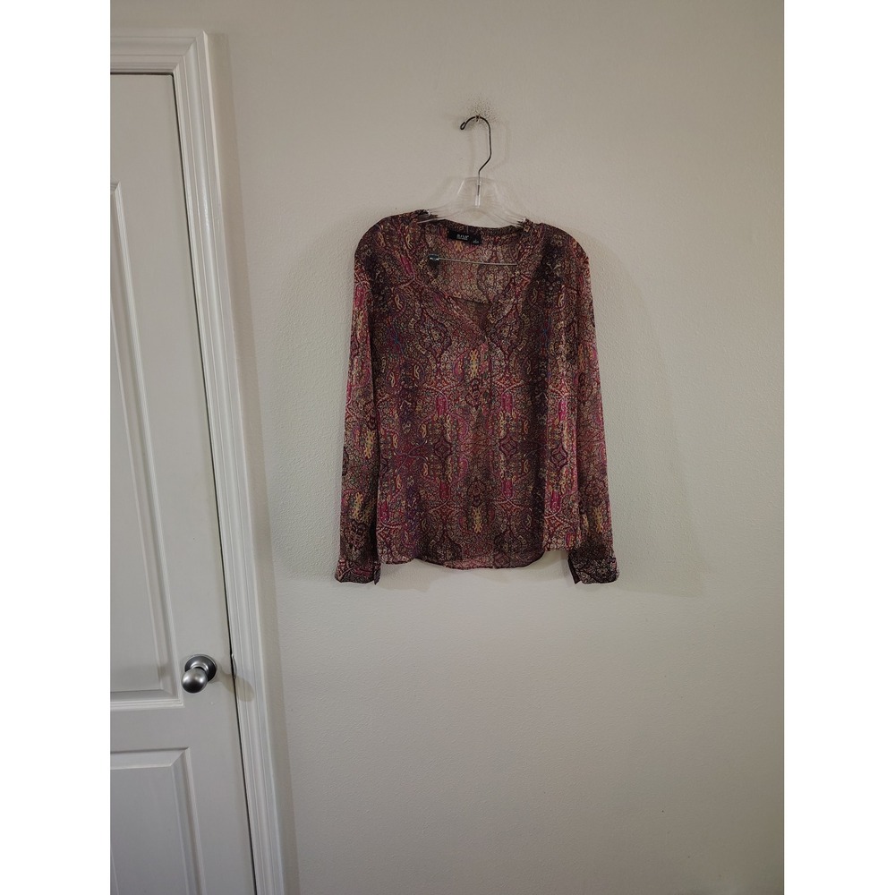 a.n.a A New Approach Womens Large Pink Paisley Sheer Long Sleeve V-Neck Blouse